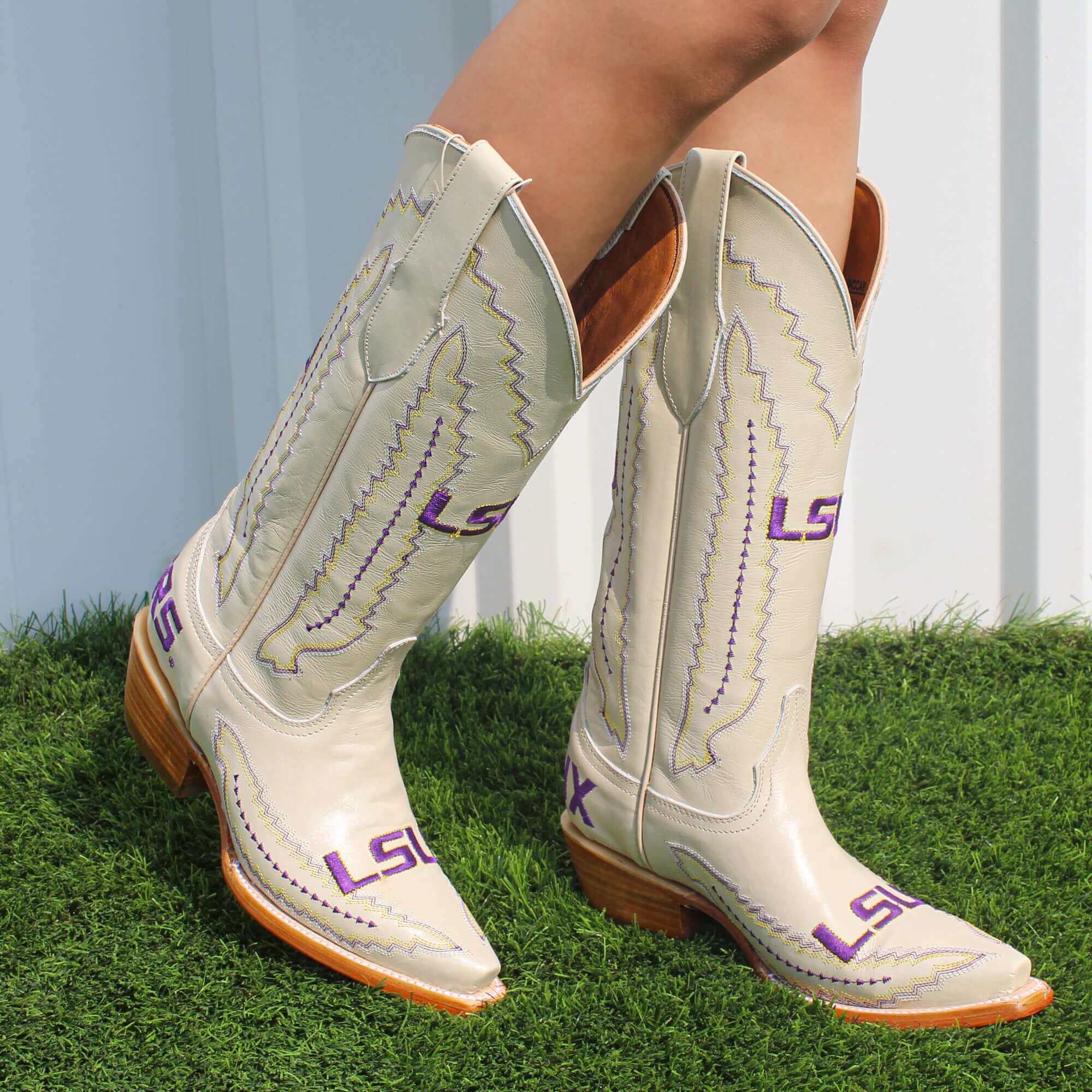 Women's Louisiana State University Bone Leather Snip Toe Cowgirl Boots by Vaccari
