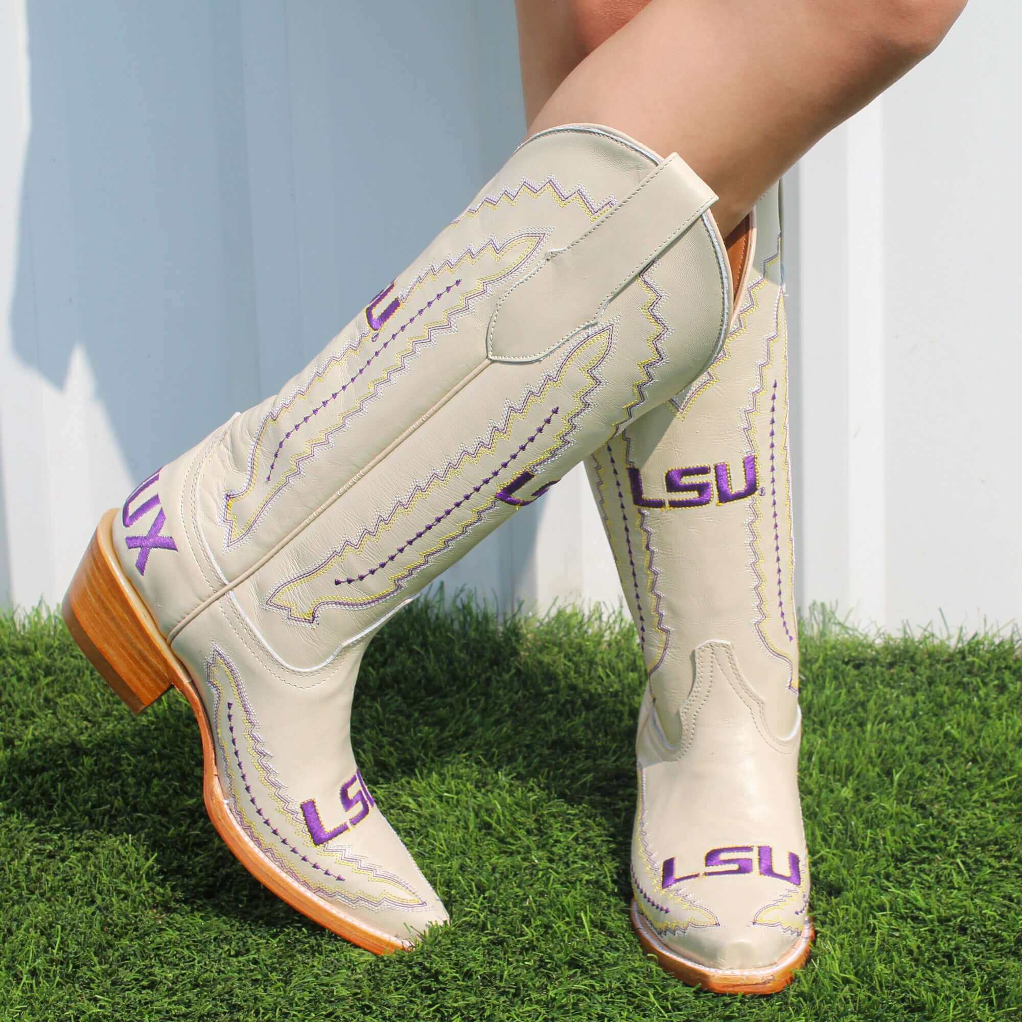 Women's Louisiana State University Bone Leather Snip Toe Cowgirl Boots by Vaccari