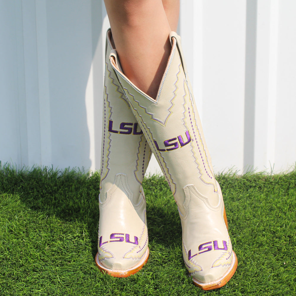 Women's Louisiana State University Bone Leather Snip Toe Cowgirl Boots by Vaccari