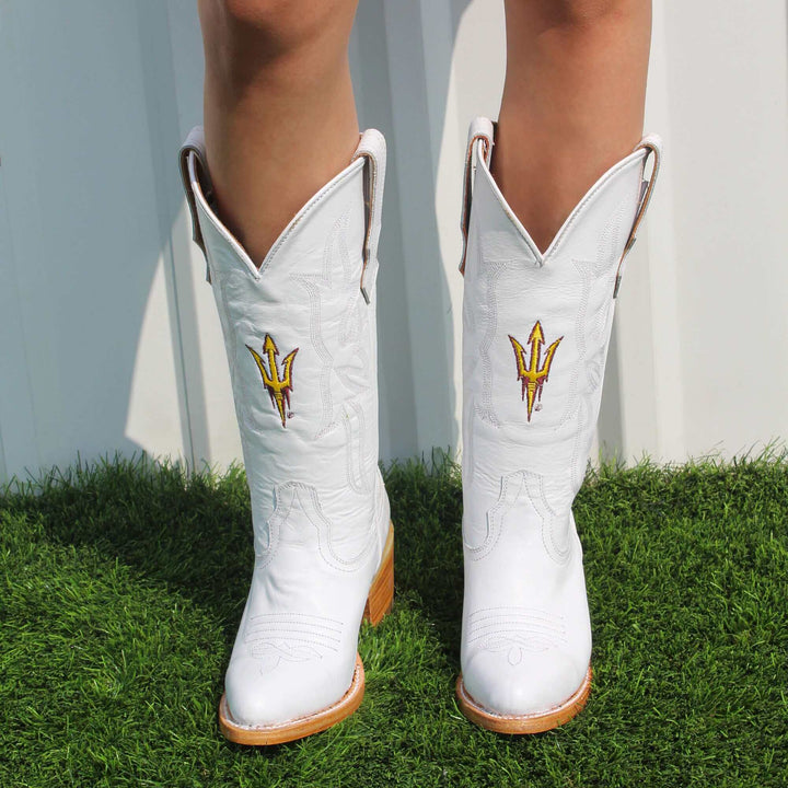 Women's Arizona State University All White Pointed Toe Cowgirl Boots Leighton Vaccari University
