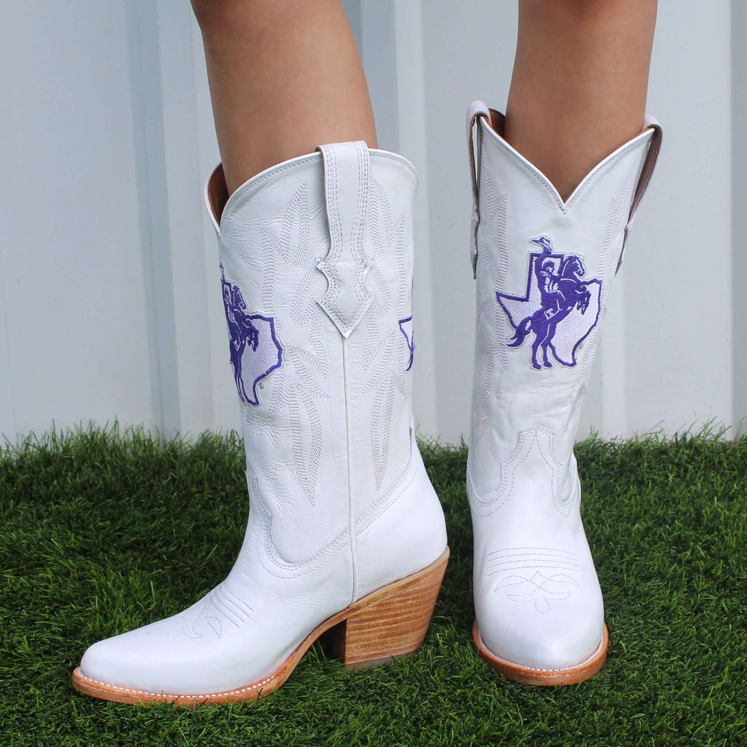Women's Tarleton State University All White Pointed Toe Cowgirl Boots Leighton Vaccari University