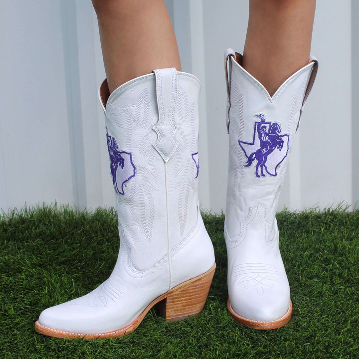 Women's Tarleton State University All White Pointed Toe Cowgirl Boots Leighton Vaccari University