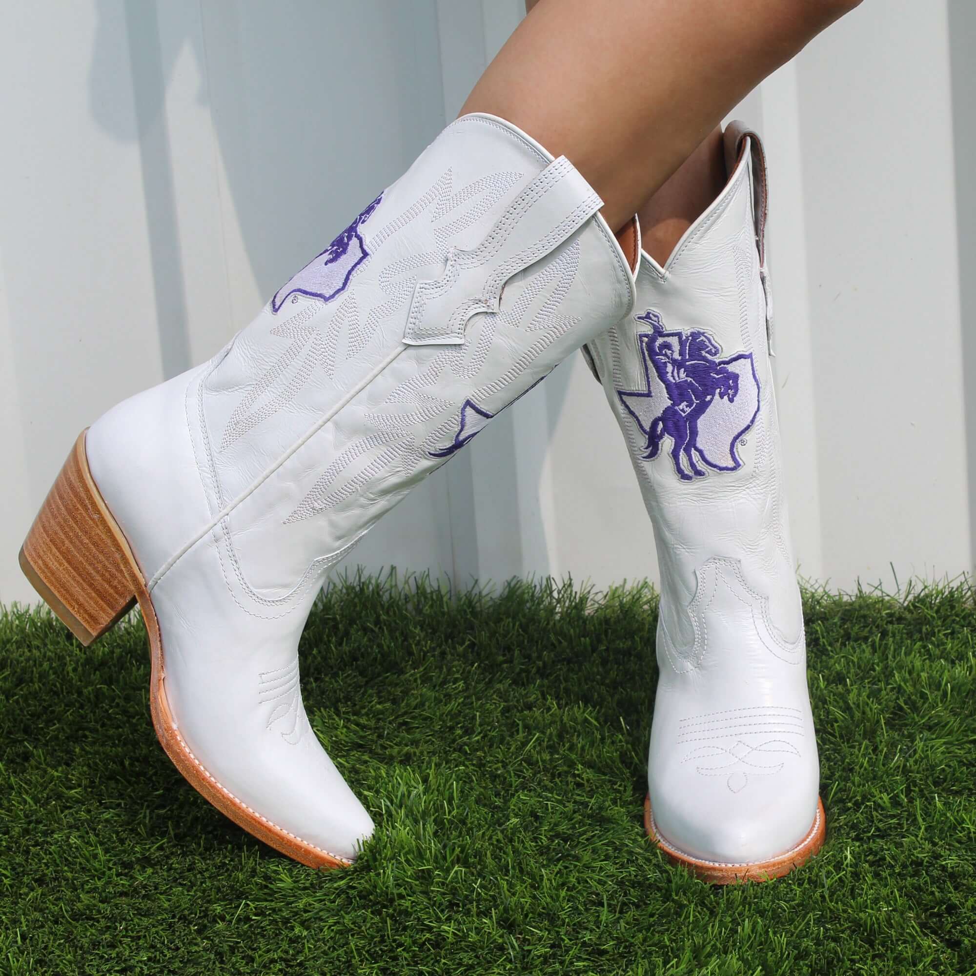 Women's Tarleton State University All White Pointed Toe Cowgirl Boots Leighton Vaccari University
