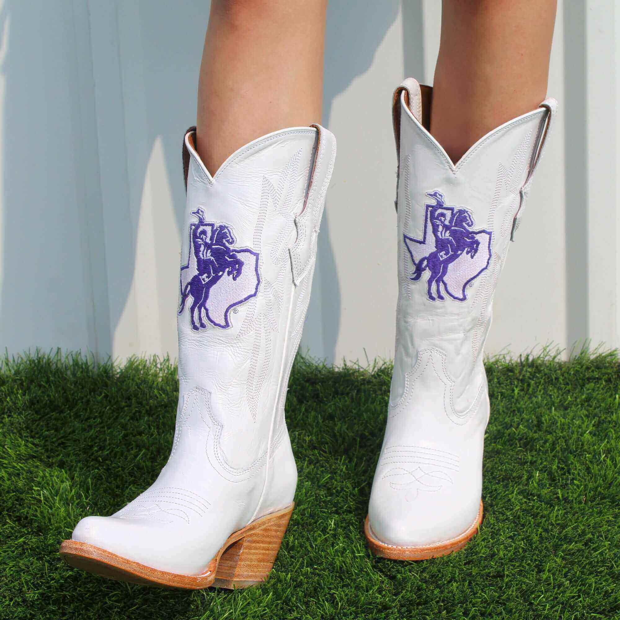 Women's Tarleton State University All White Pointed Toe Cowgirl Boots Leighton Vaccari University