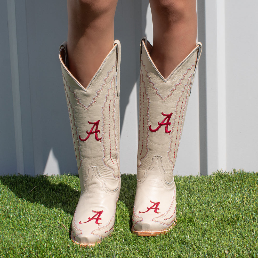 Women's University of Alabama Cowgirl Boots Bone Leather Snip Toe Boots by Vaccari