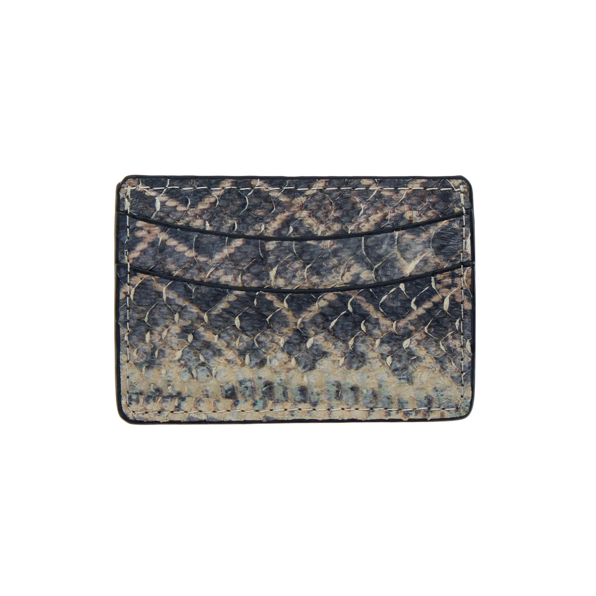 Python card holder, blue and tan textured scales with stitched edges