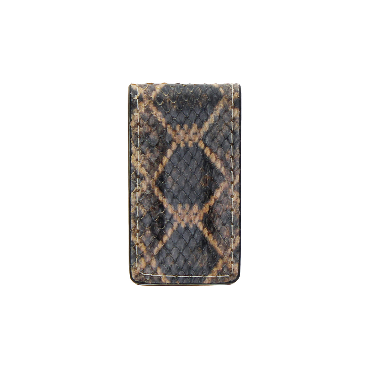 Python-pattern leather money clip sleeve, dark brown with tan crosshatch design