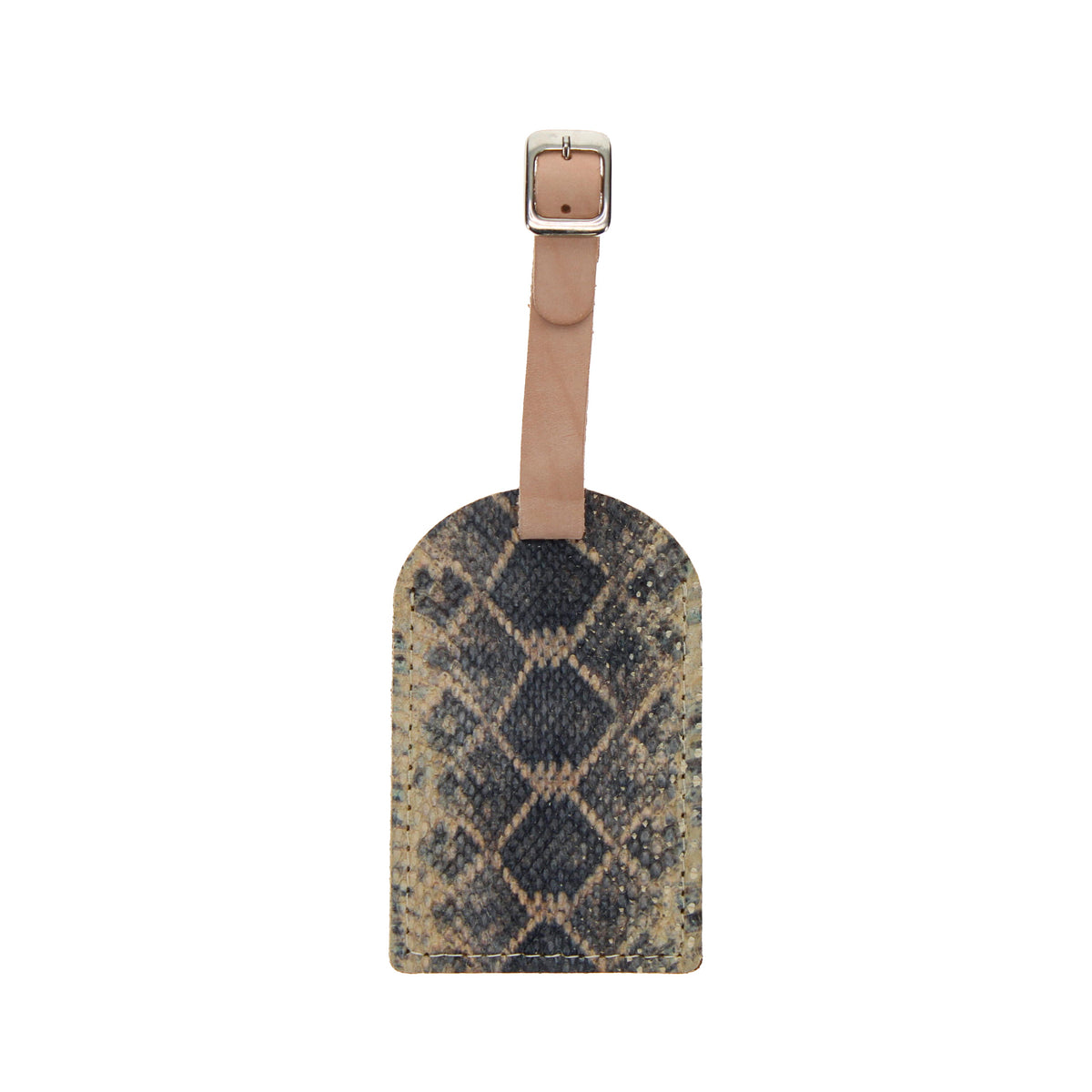 Python-pattern luggage tag with tan strap and gold-tone clasp, blue and beige scales