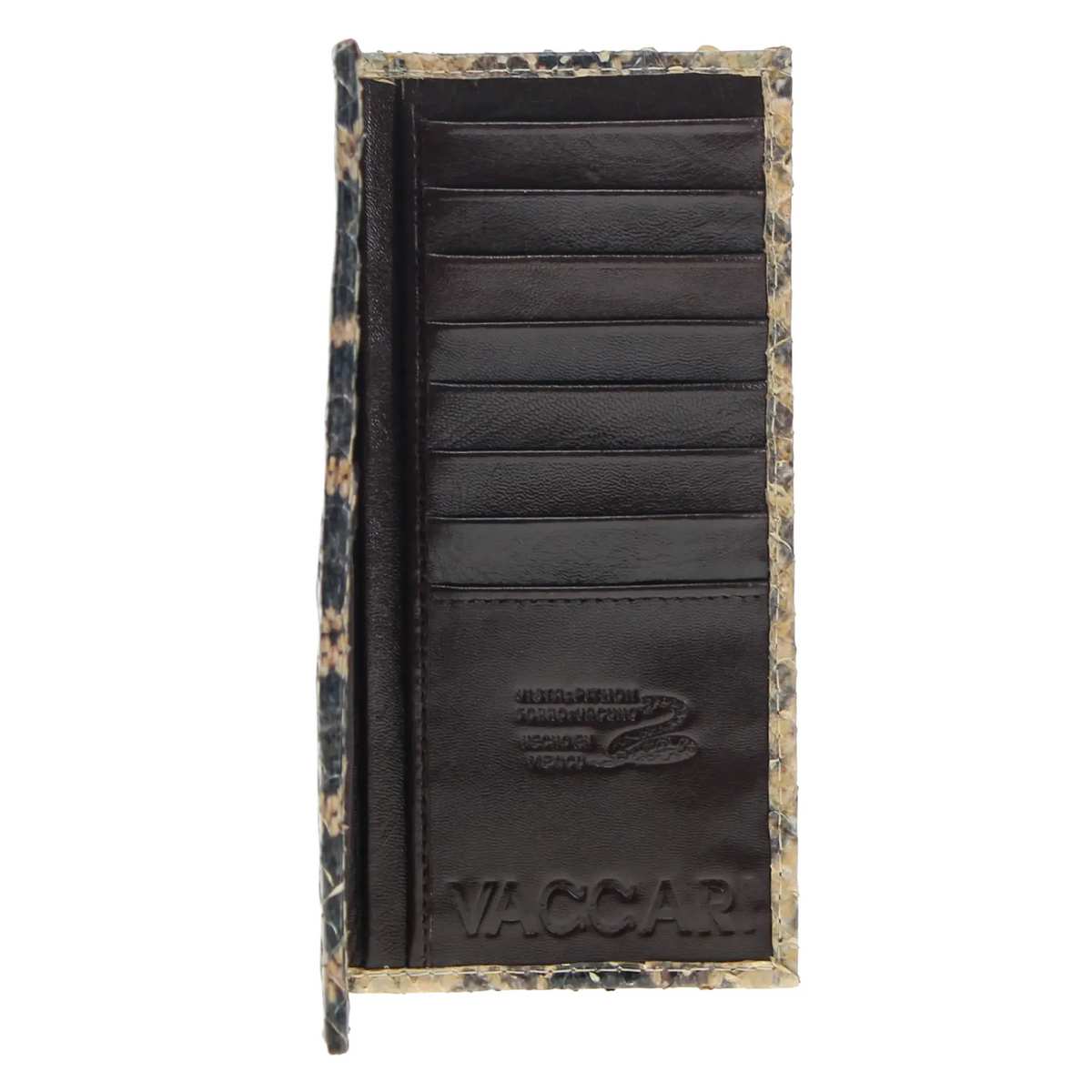 Python checkbook wallet back panel, embossed logo and card slots, dark leather interior