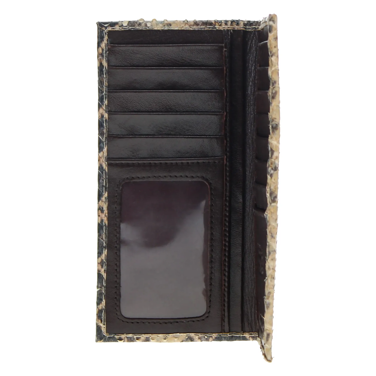 Python checkbook wallet front view, four card slots and ID window, dark leather interior