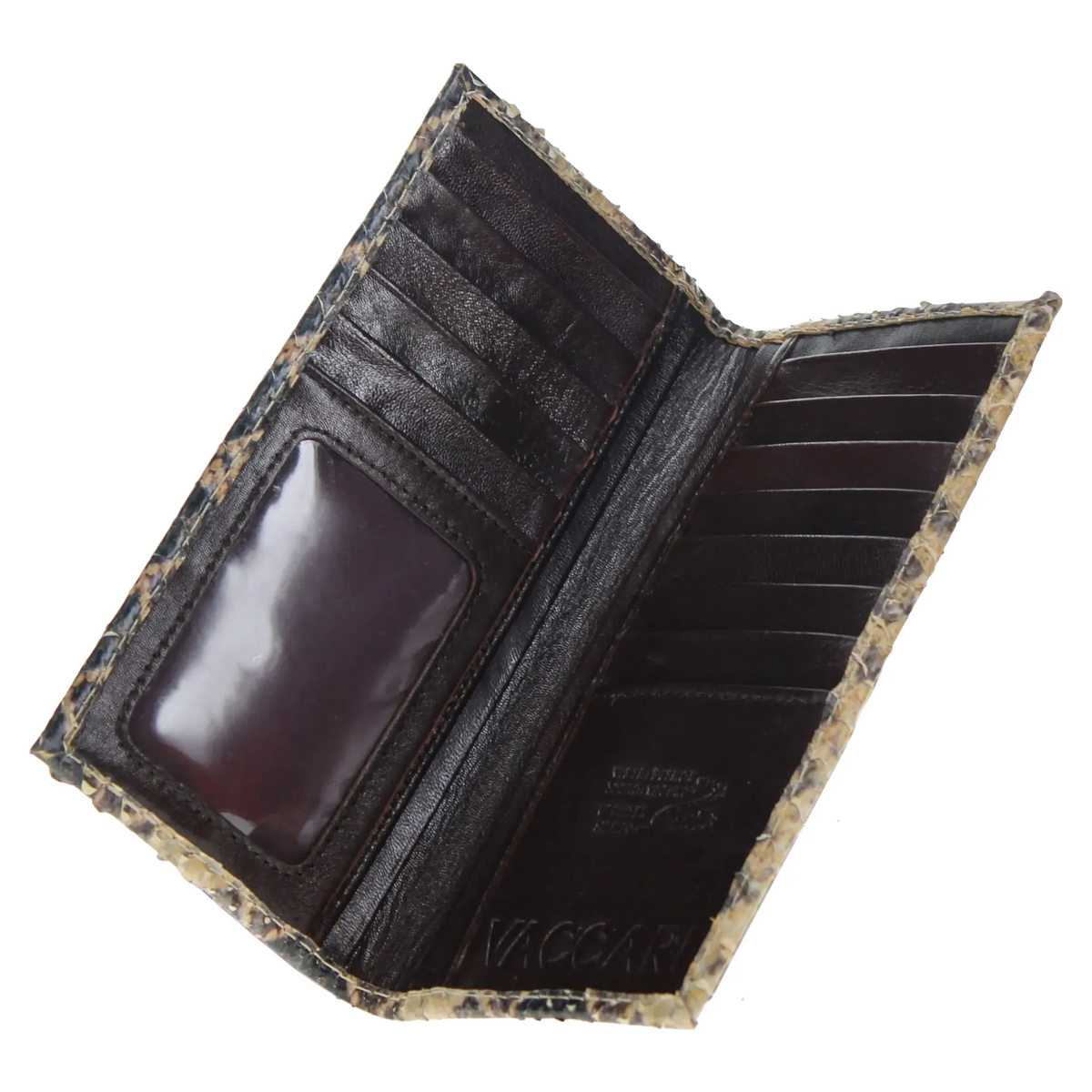 Python checkbook wallet with card slot and cash pocket, dark interior, stitched python trim