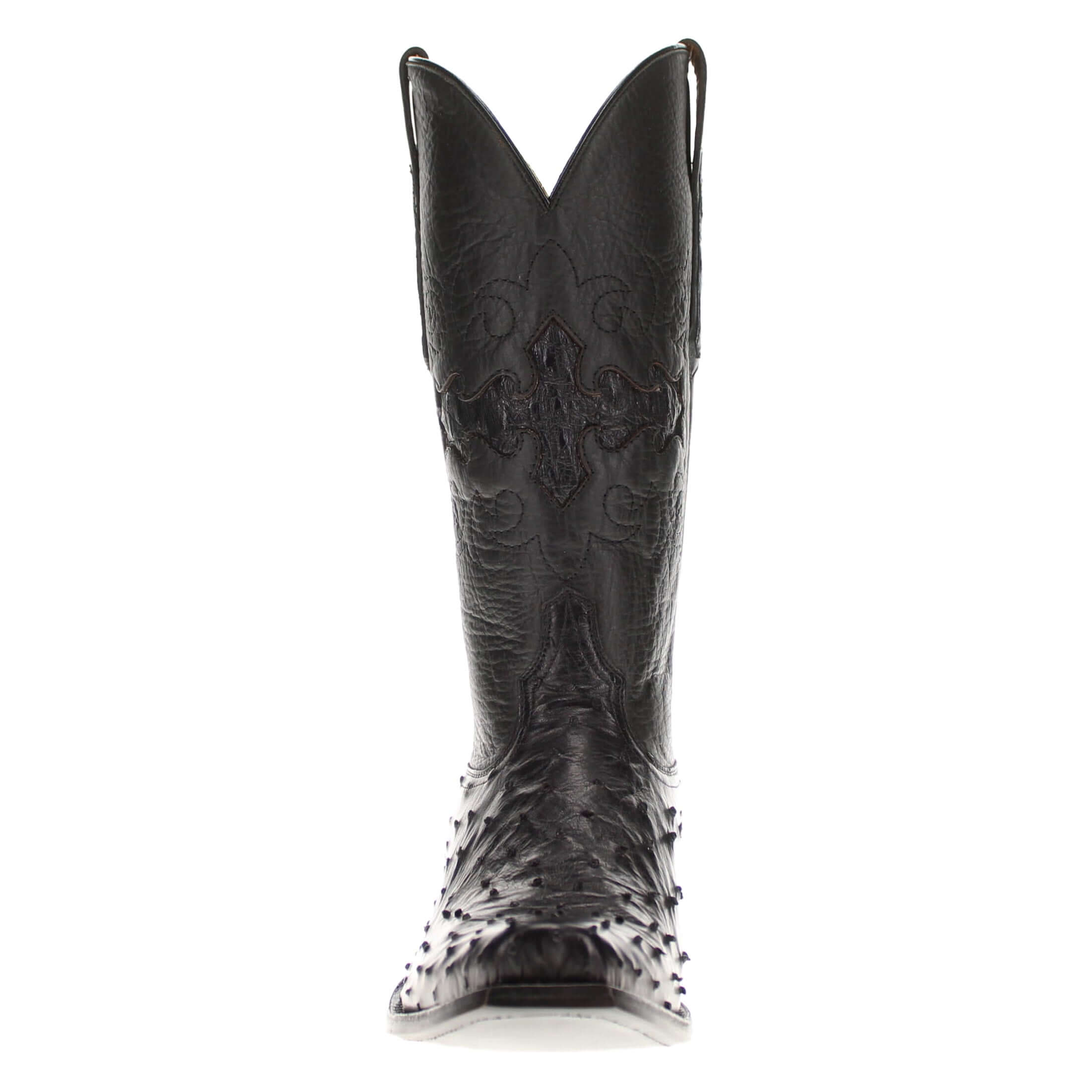 Mens black leather western boots with round toe and decorative stitching, featuring full-quill ostrich leather on the foot for added texture.