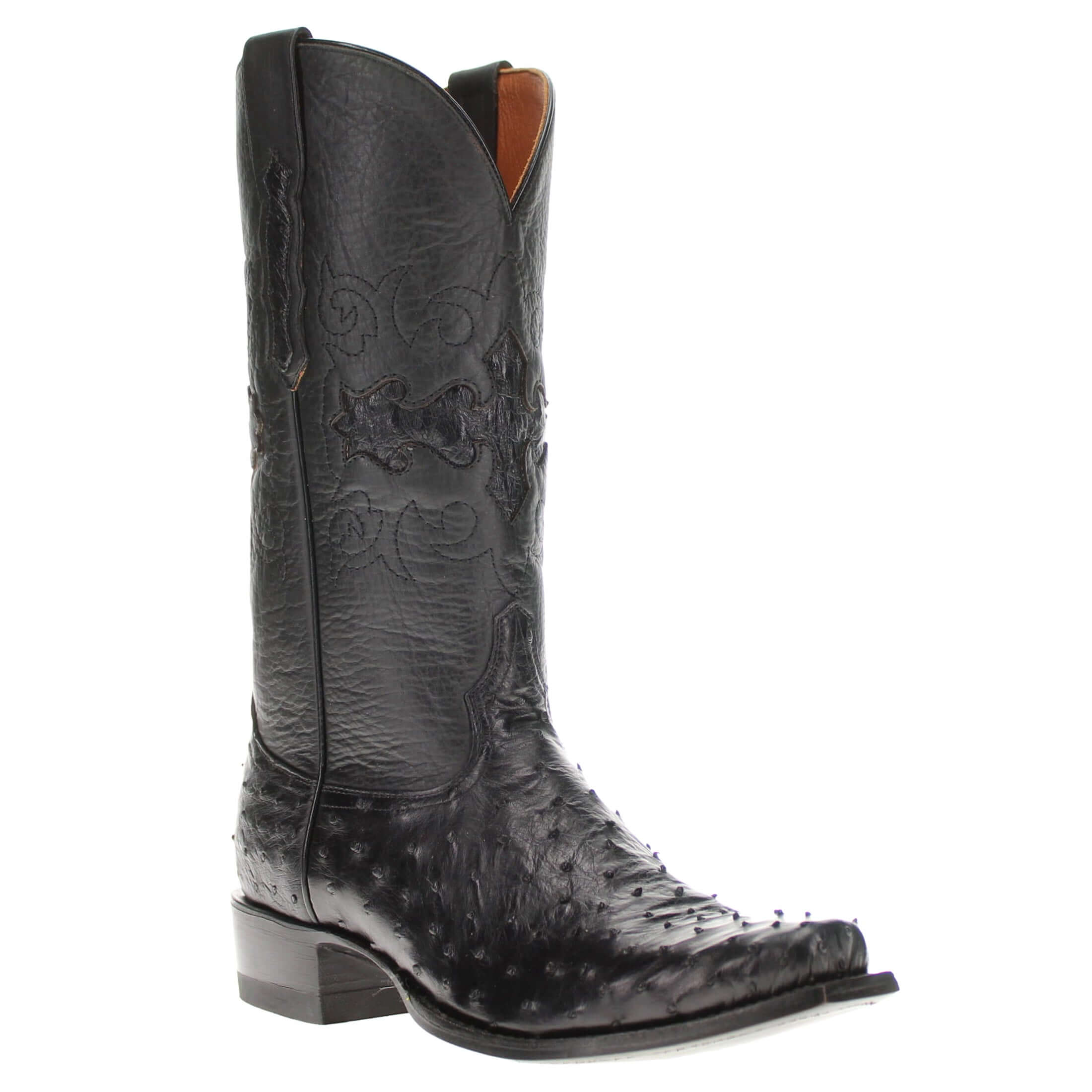 Mens black leather western boots with round toe and decorative stitching, featuring full-quill ostrich leather on the foot for added texture.