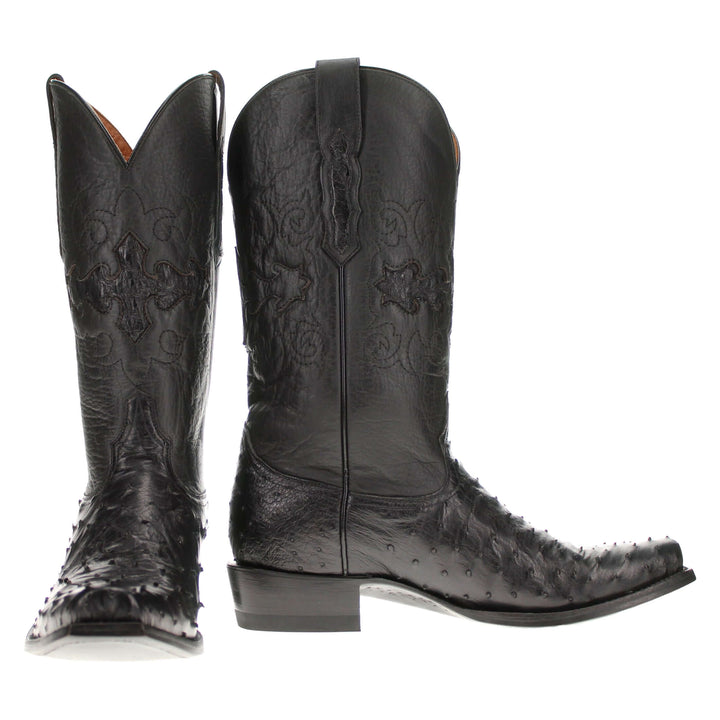 Mens black leather western boots with round toe and decorative stitching, featuring full-quill ostrich leather on the foot for added texture.