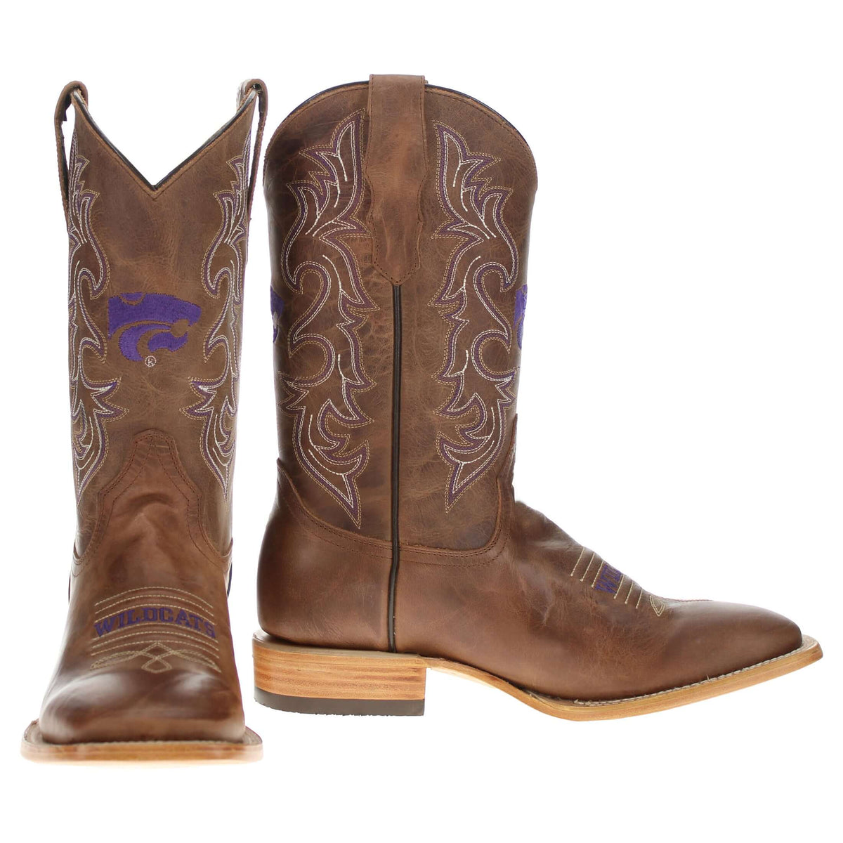 Pair of brown cowboy boots with purple-blue embroidery and stitched shaft panels
