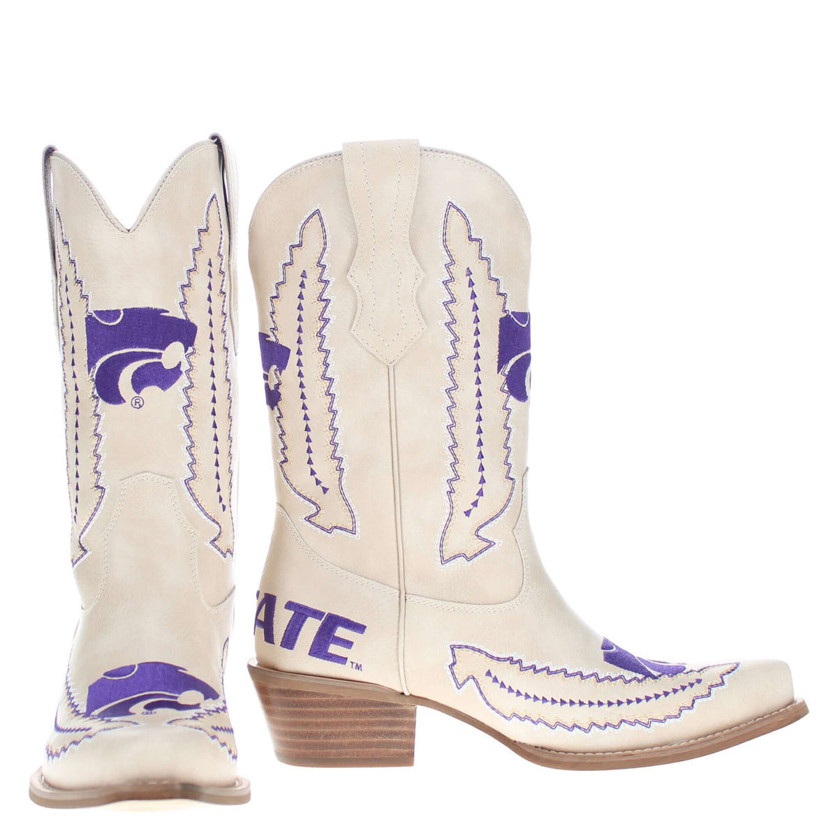 Pair of cream cowboy boots with purple graphics and contrast stitching, stacked heels.
