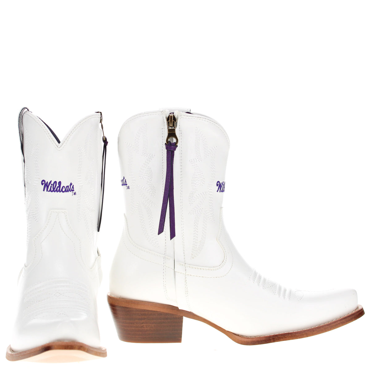 Pair of white cowboy boots with purple Wildcats logos and brown heels