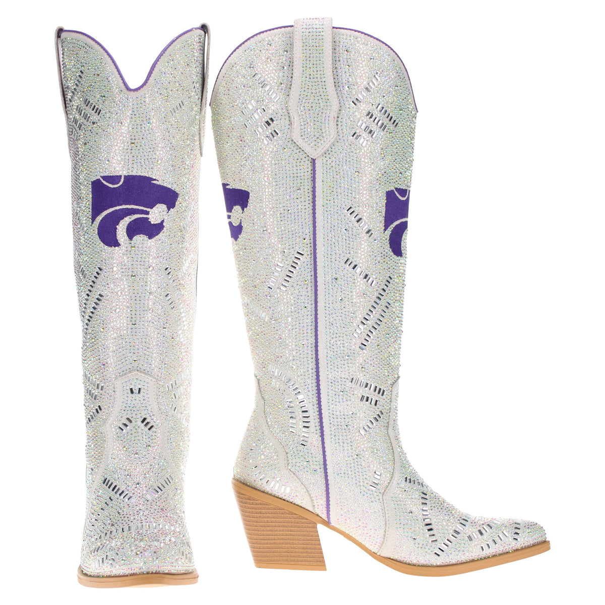 Cowboy boots with light sequined finish and purple logo panels; stacked wood heel.