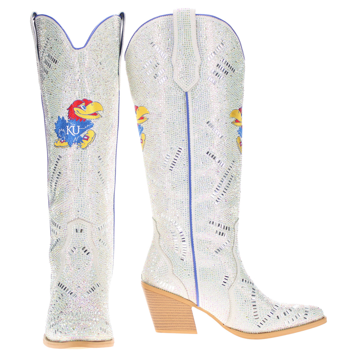 Glitter cowboy boots with pointed toe, blue piping, and colorful KU logo patches