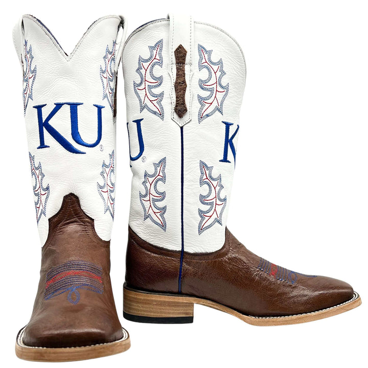 Men's University of Kansas Jayhawks Mocha Broad Square Smooth Ostrich Cowboy Boots Brooks by Vaccari