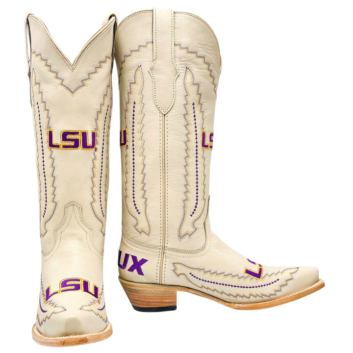 Women's Louisiana State University Tigers Bone Snip Toe Cowgirl Boots Naomi by Vaccari