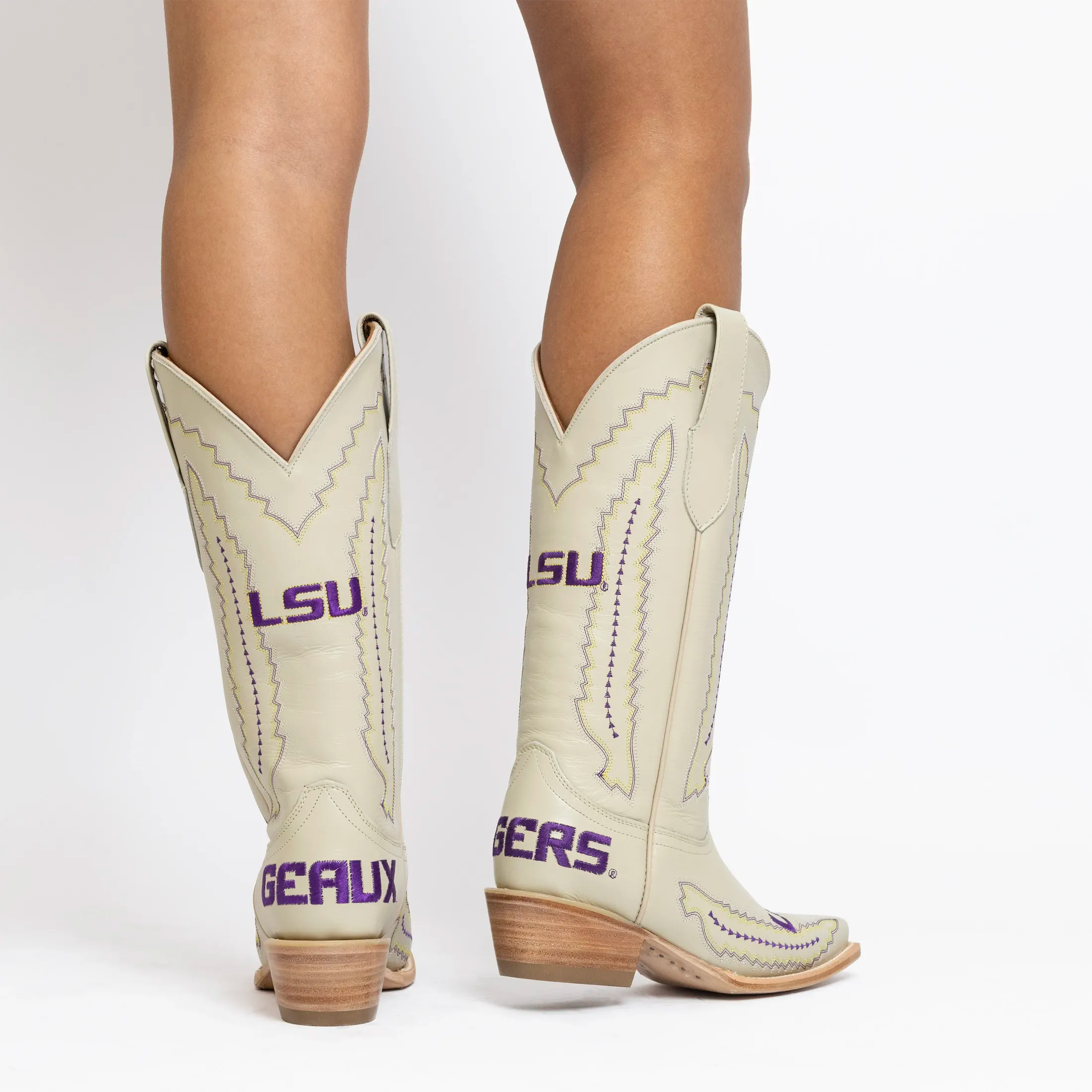 Women's Louisiana State University Bone Leather Snip Toe Cowgirl Boots by Vaccari