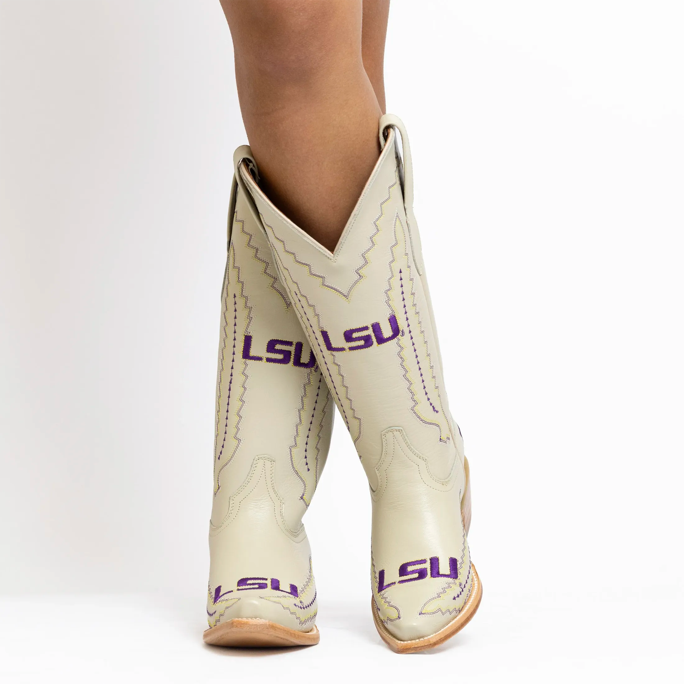 Women's Louisiana State University Bone Leather Snip Toe Cowgirl Boots by Vaccari
