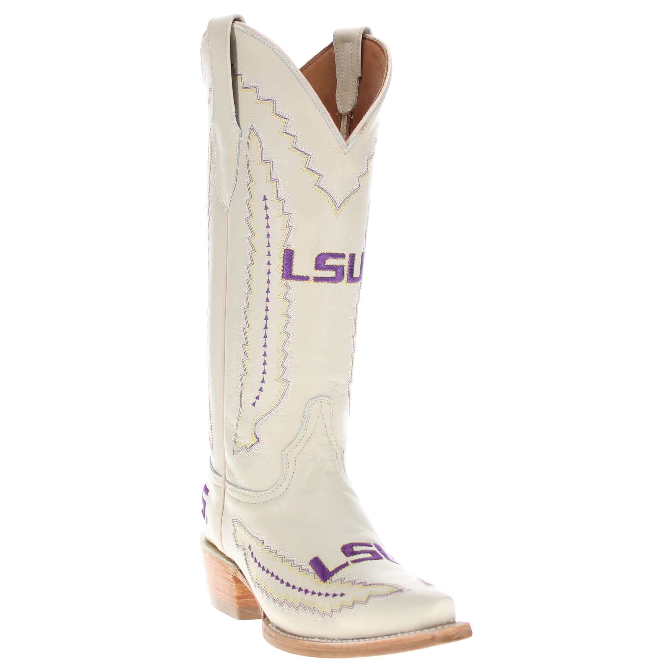 Women's Louisiana State University Bone Leather Snip Toe Cowgirl Boots by Vaccari