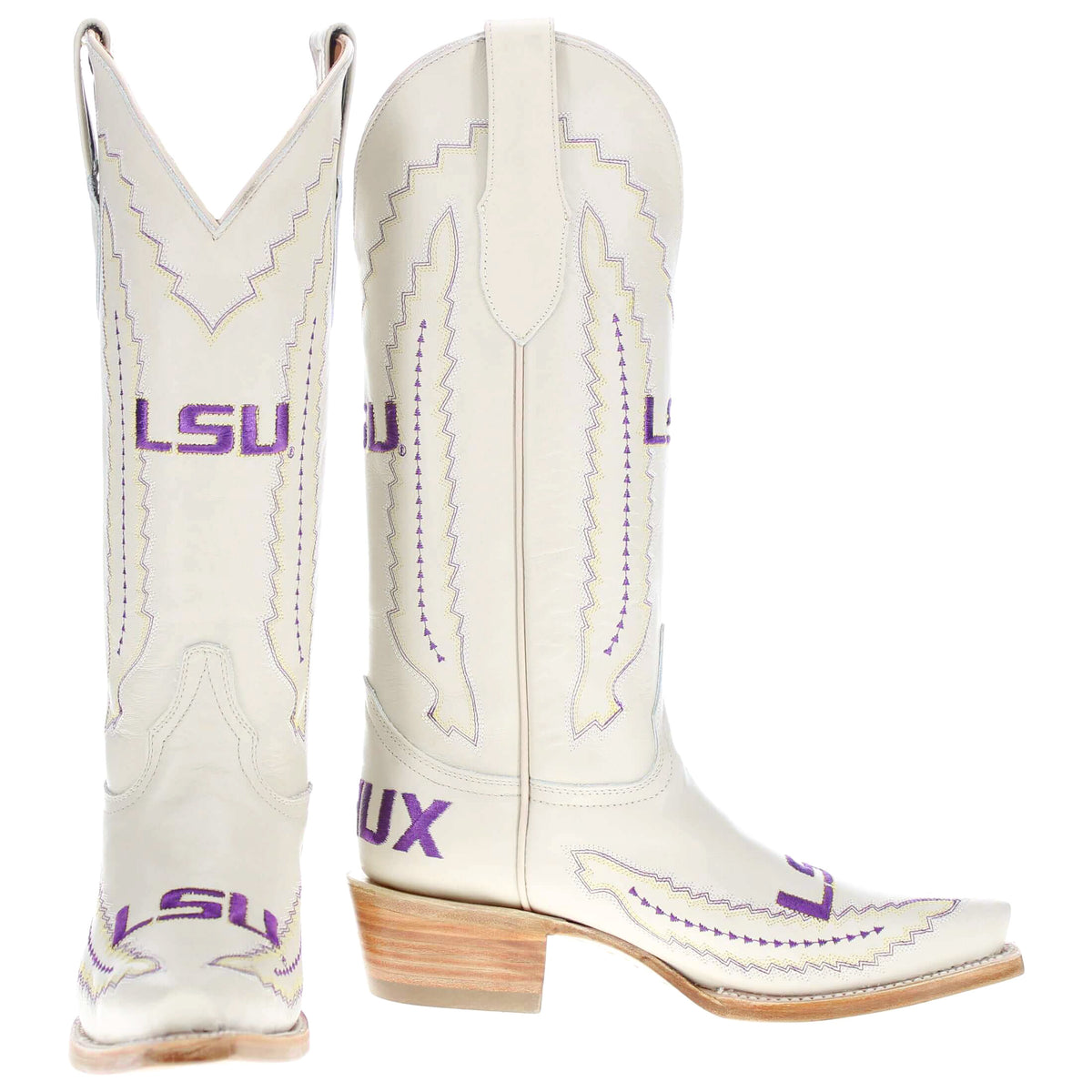 Pair of white cowboy boots with LSU purple logos, stitch details, and wood heel