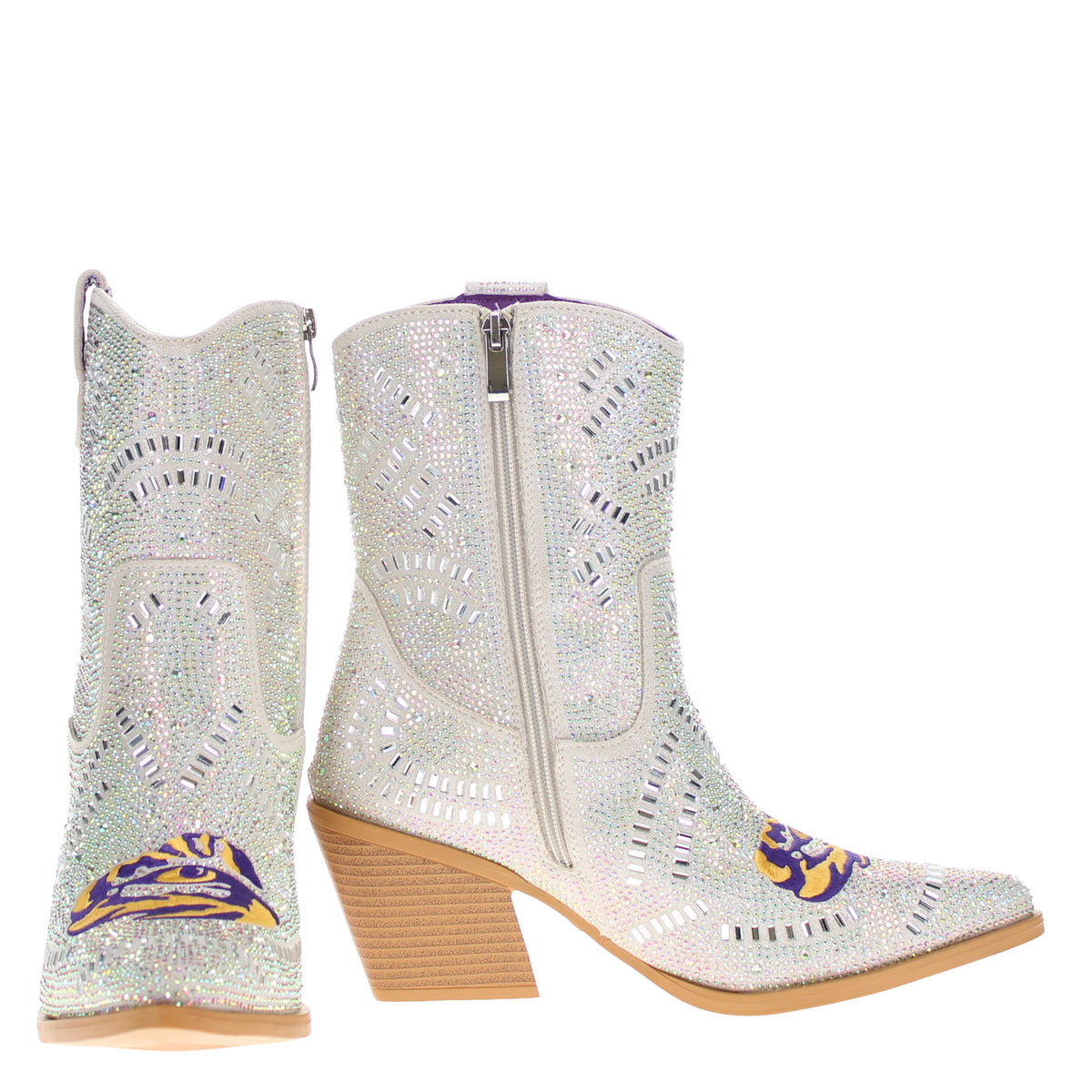 Jade western boots, pair view; iridescent rhinestone mid-calf with blue/gold emblem, stacked heel