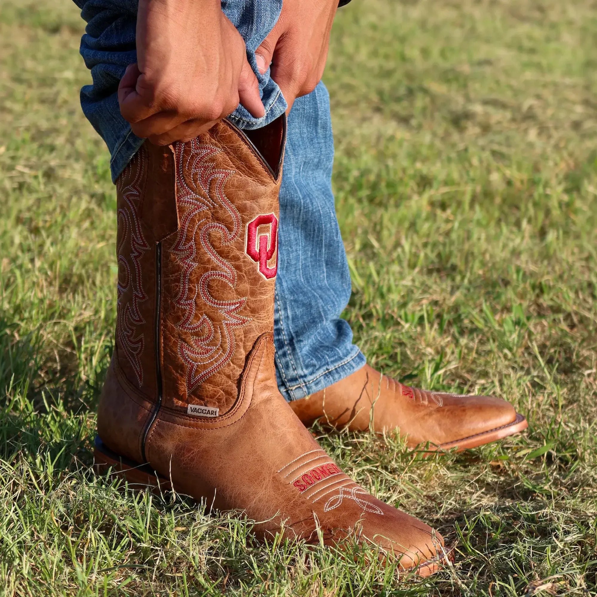 Men's University of Oklahoma Brown Square Toe Cowboy Boot by Vaccari