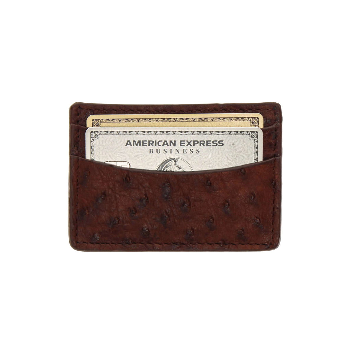 Brown ostrich quill card holder with card slot and American Express Business card