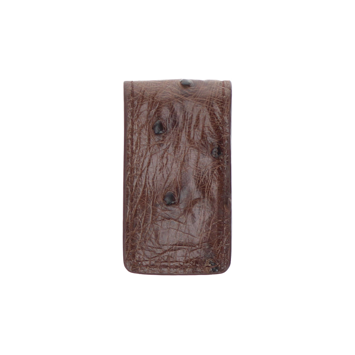 Ostrich leather money clip, dark brown textured quill pattern