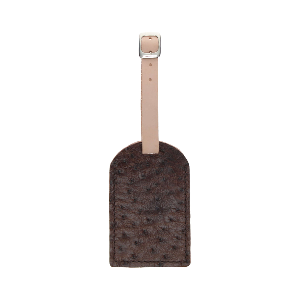 Ostrich quill luggage tag with leather loop and strap, dark brown