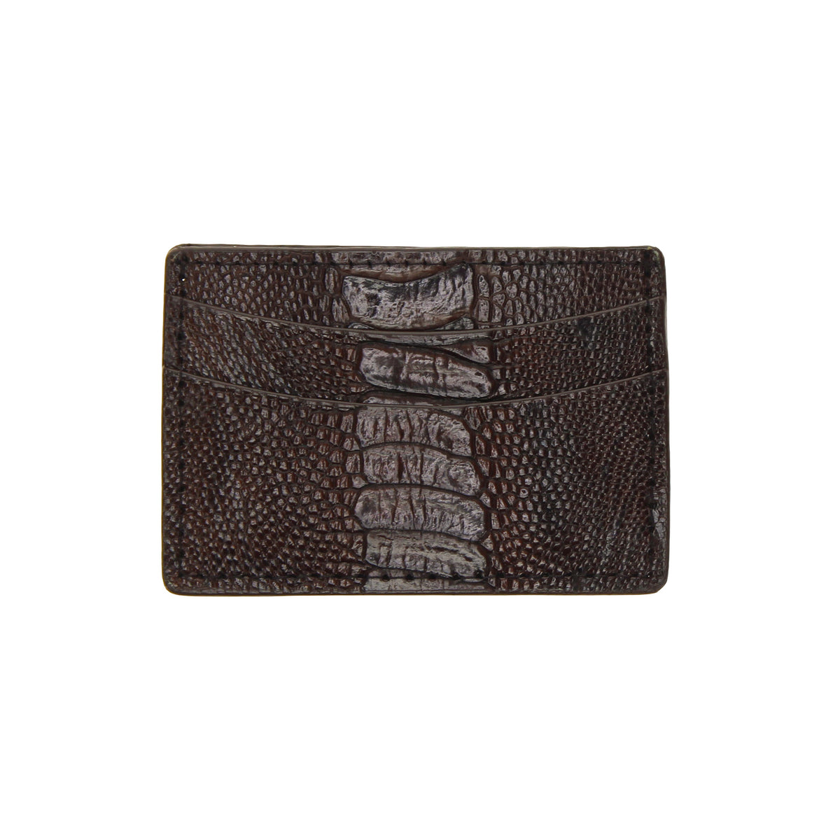 Brown ostrich leg leather card holder with embossed texture panel