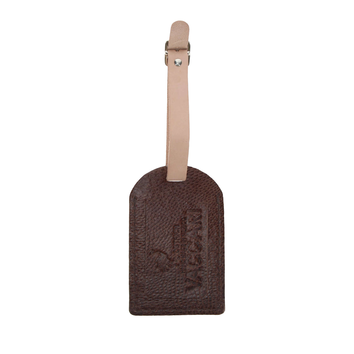 Brown ostrich leather luggage tag with stitched pattern and metal clip strap