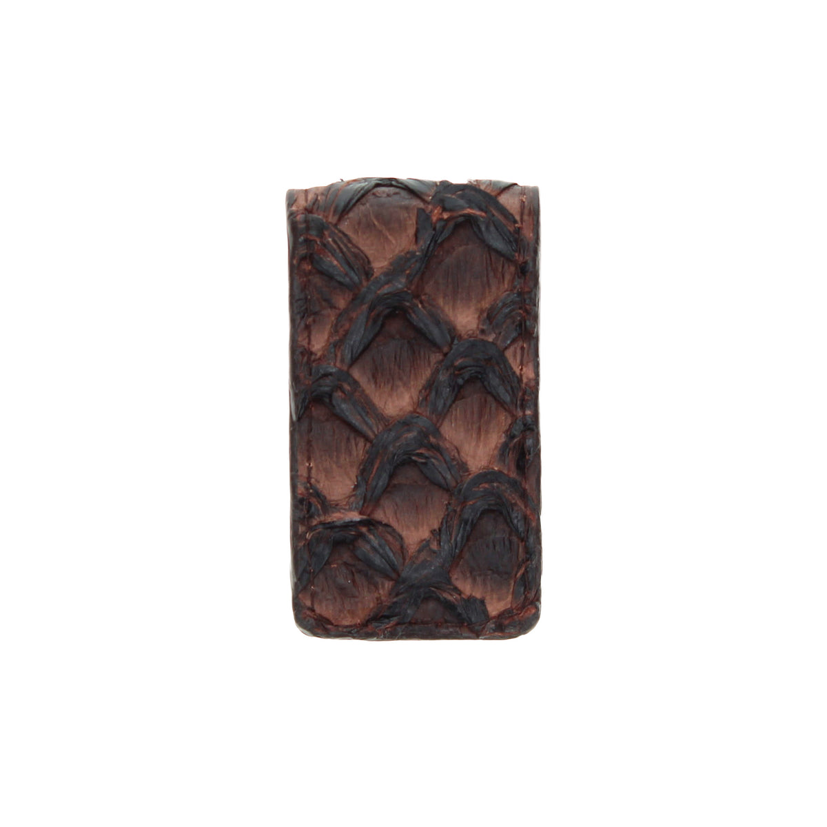 Brown leather money clip with embossed fish-scale pattern