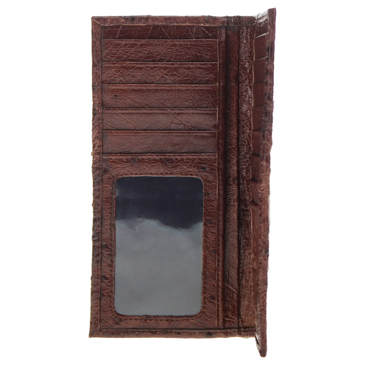 Dark brown ostrich checkbook wallet with ID window pocket and card slots.