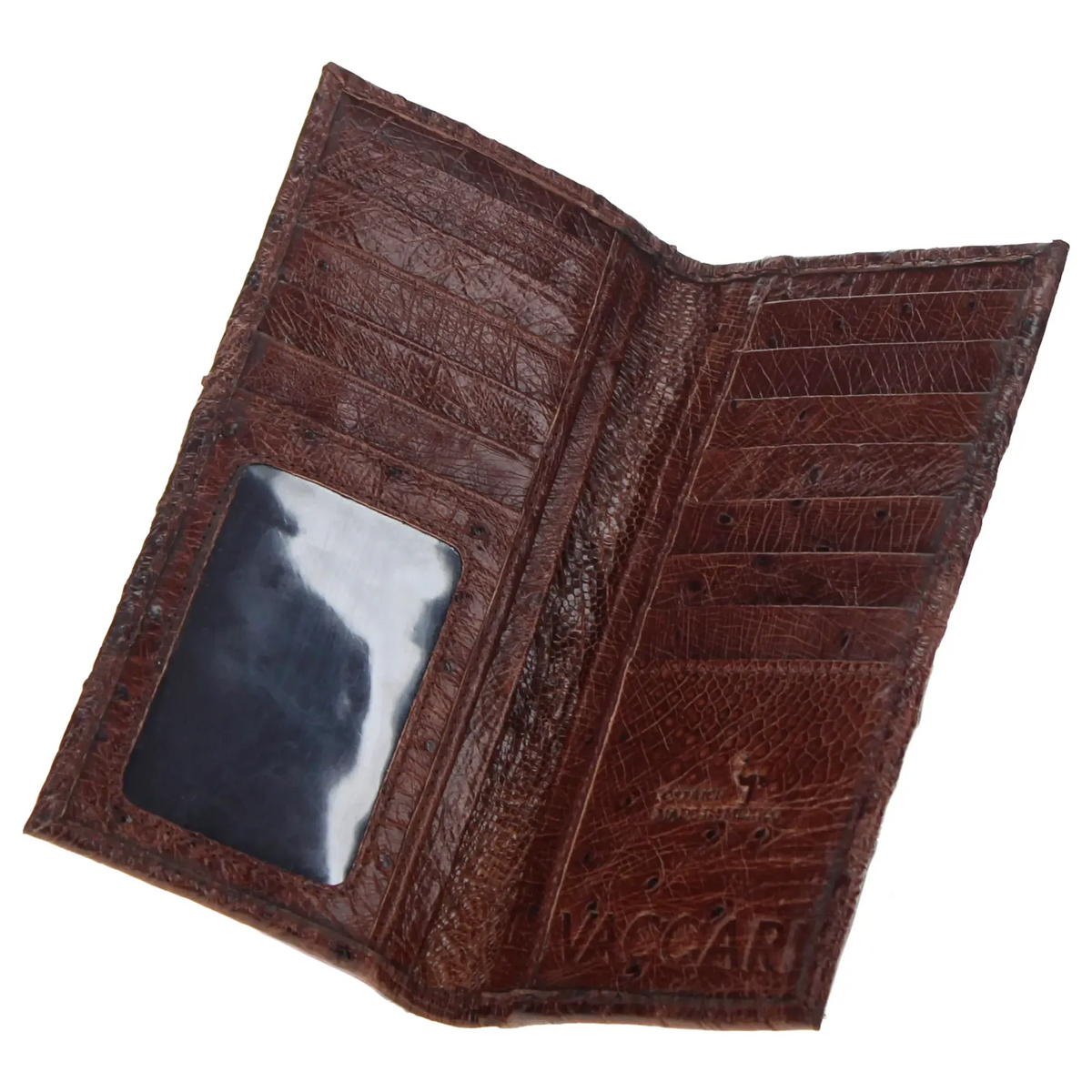 Dark brown ostrich checkbook wallet open, ID window pocket and card compartments.