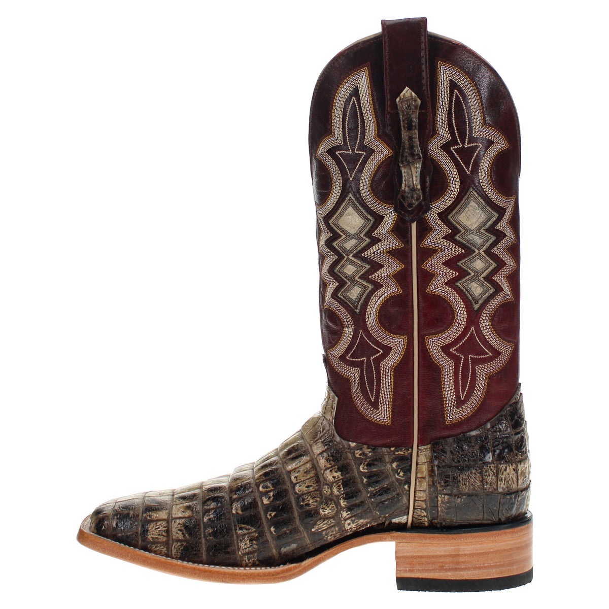 Alligator cowboy boot with tan scaly shaft panel and dark maroon western embroidery