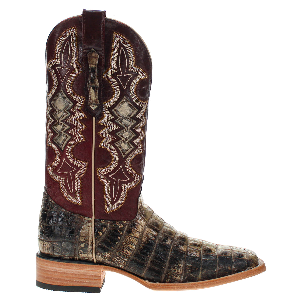 Alligator cowboy boot with dark shaft panels, pointed toe, and stacked heel