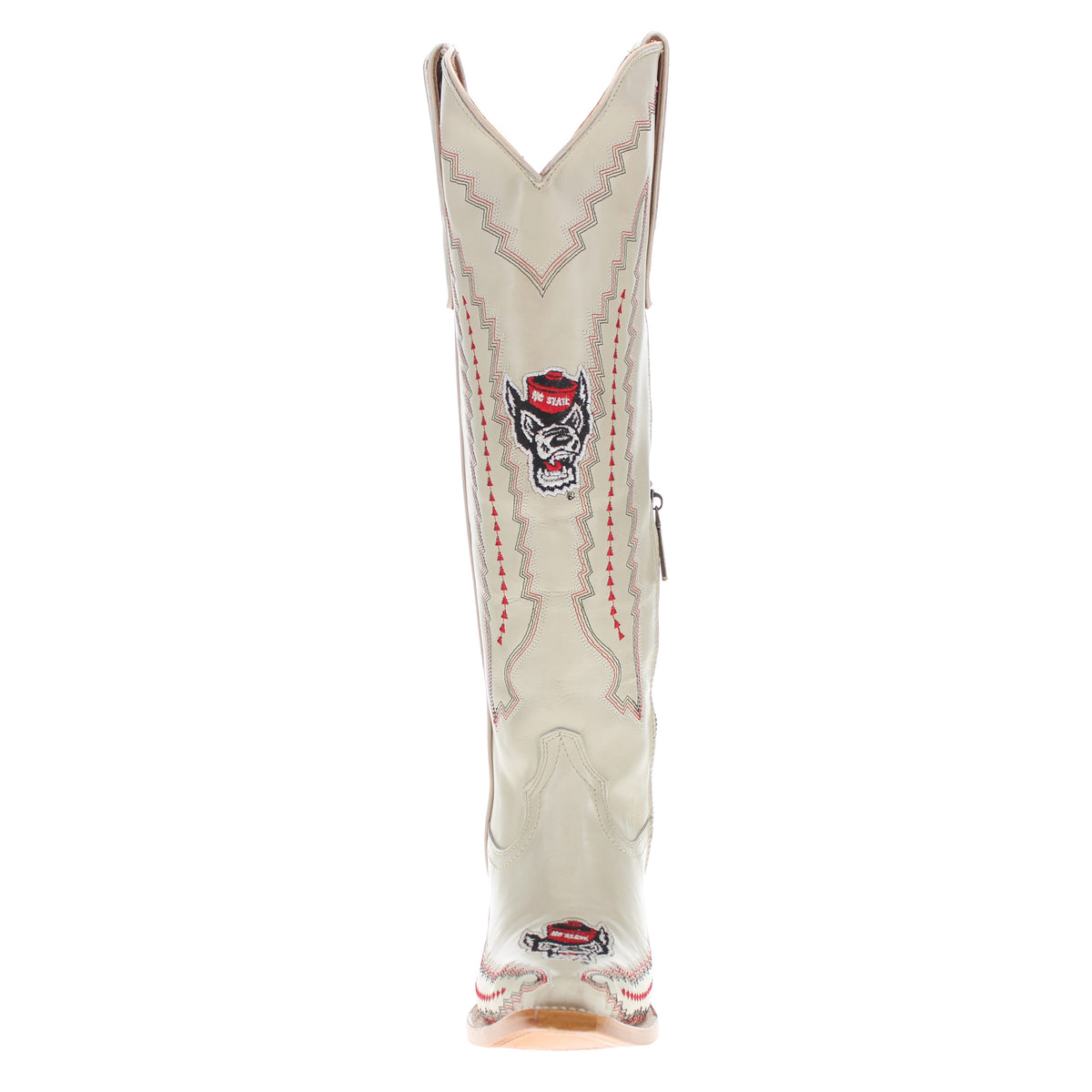 White mid-calf cowboy boot with red/gray stitch trim, dog logo patch, low wood heel