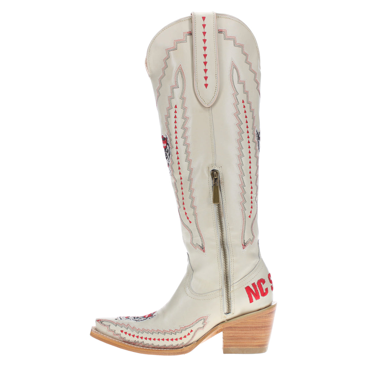 White cowboy boot with decorative stitch panels, side zipper, red/gray trim, wood heel