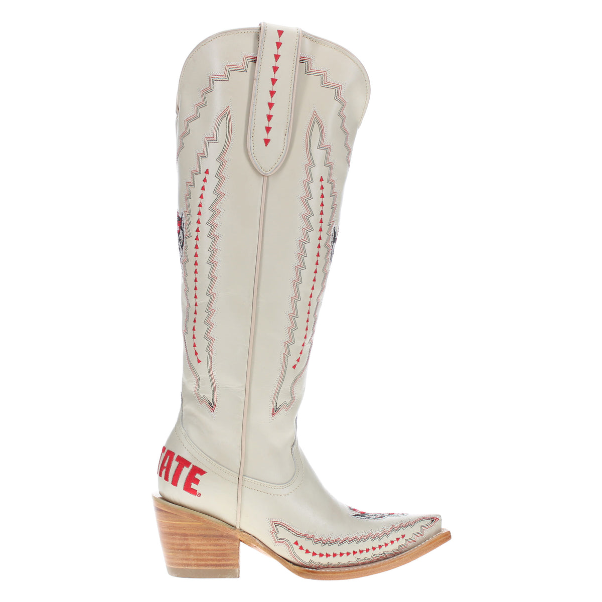 White cowboy boot with red/gray zigzag stitching and red lettering, low stacked wood heel