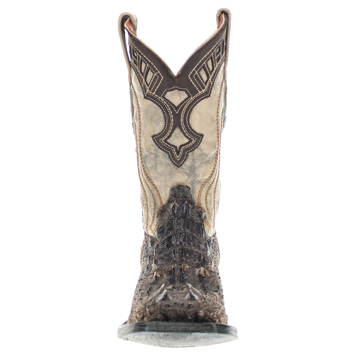 Western cowboy boots, tan shaft with black cross emblem and worn textured vamp