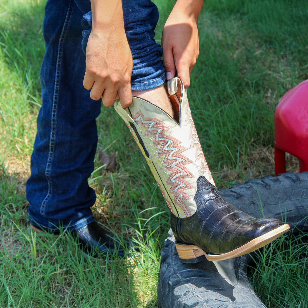 Mens Black American Alligator Belly Tail Square Toe Cowboy Boots That Looks Similar to Caiman by Vaccari