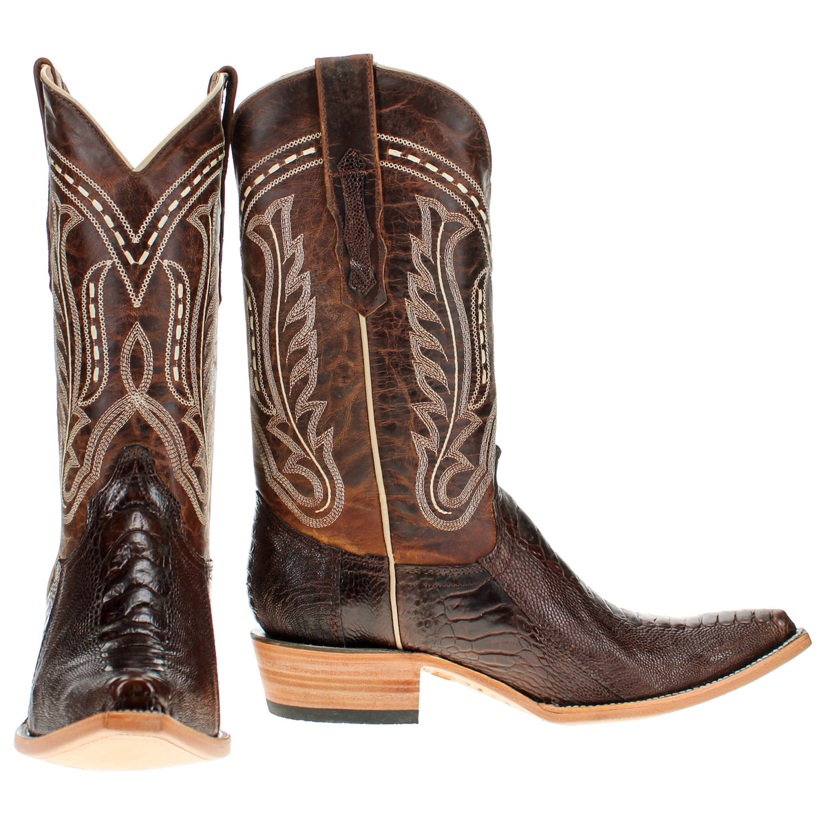 Pair view: brown cowboy boots with ornate embroidery and stacked heels
