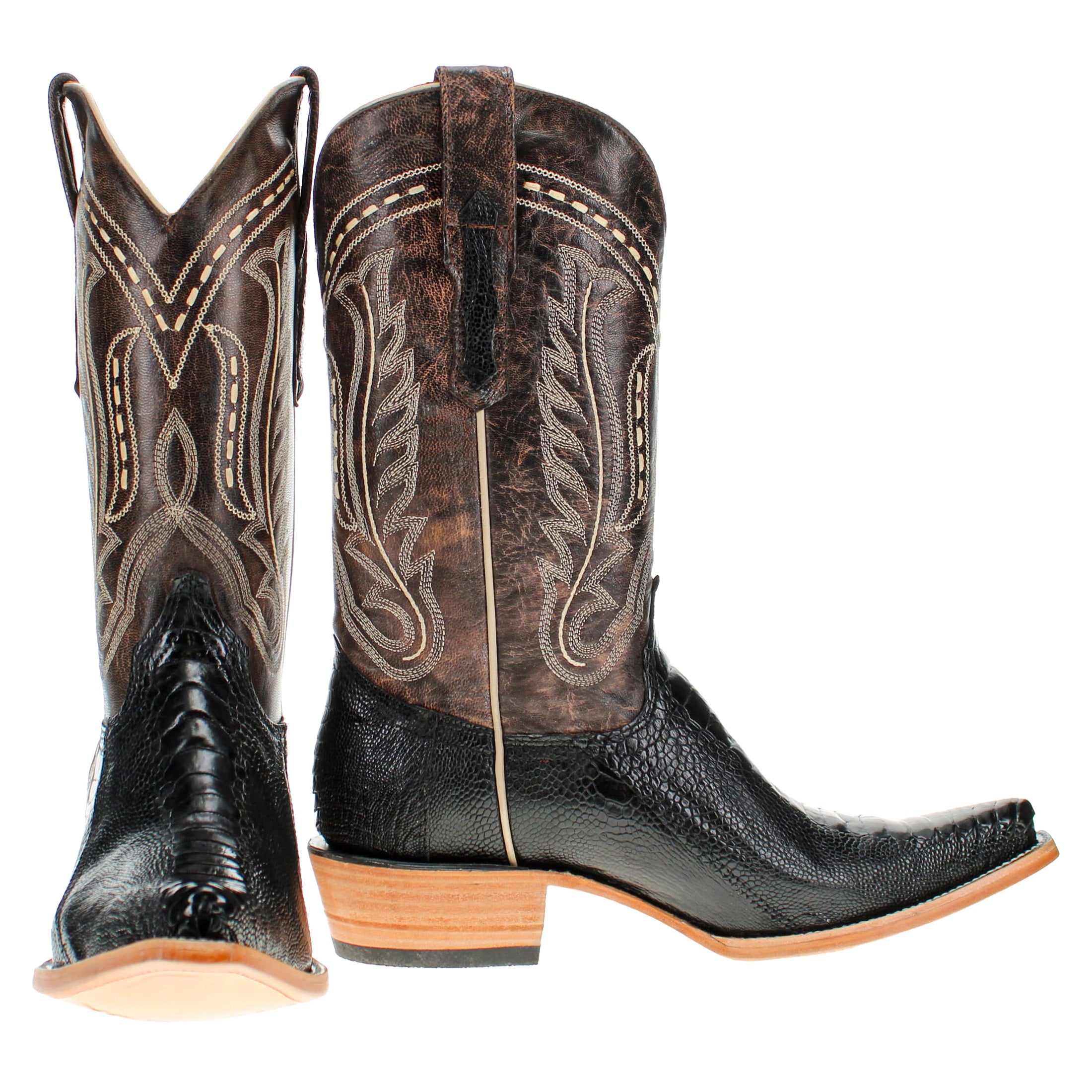 Men's Black Ostrich Leg Retro Toe Cowboy Boots by Vaccari