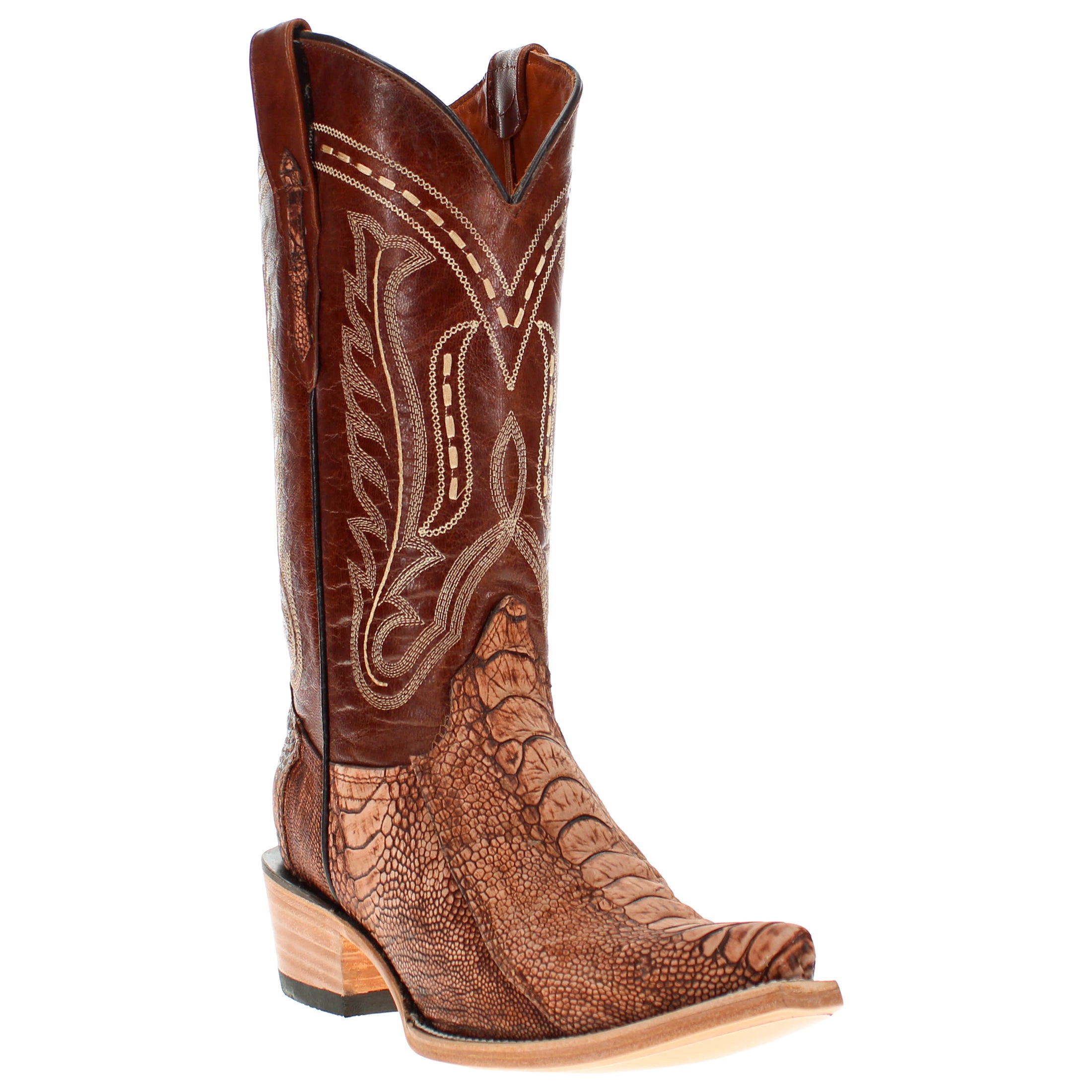 Men's Rustic Cognac Ostrich Leg Retro Toe Cowboy Boots by Vaccari