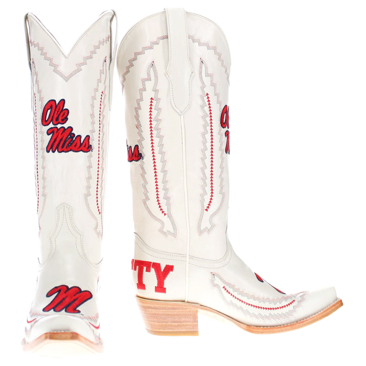 Two white cowboy boots with red stitched panels and Ole Miss embroidery